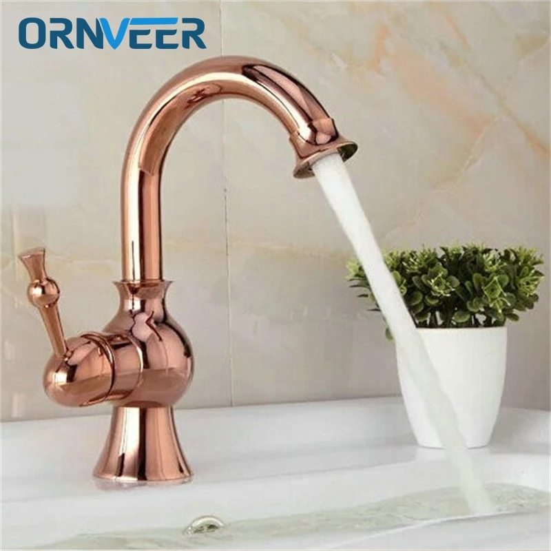 

Free Shipping Royal Rose Gold Rotatable Bathroom Faucet Swivel Curved Gold Plated Basin Sink Mixer Tap B054