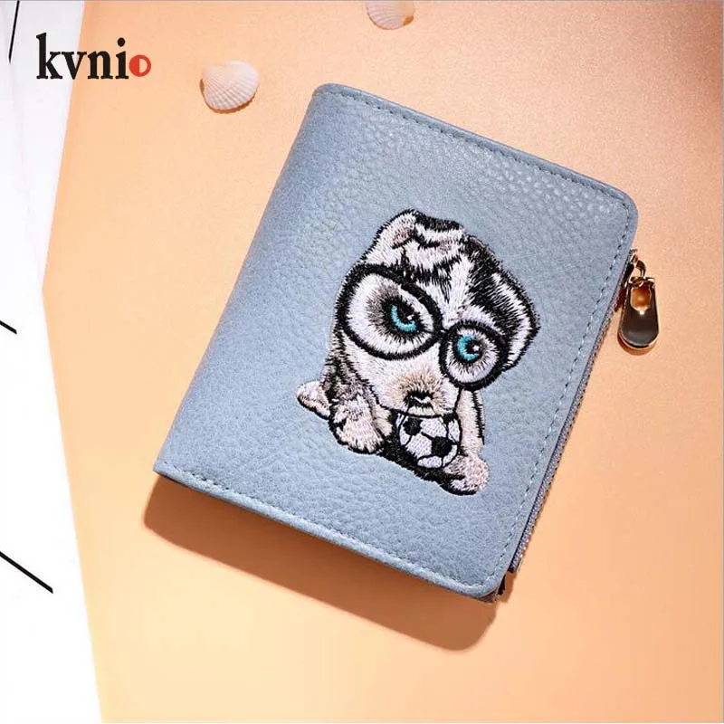 KVNIO корейский стиль милая собака вышивка Умный кошелек женская сумка для кредитных карт Короткие Кошельки на молнии и застежке 5 видов