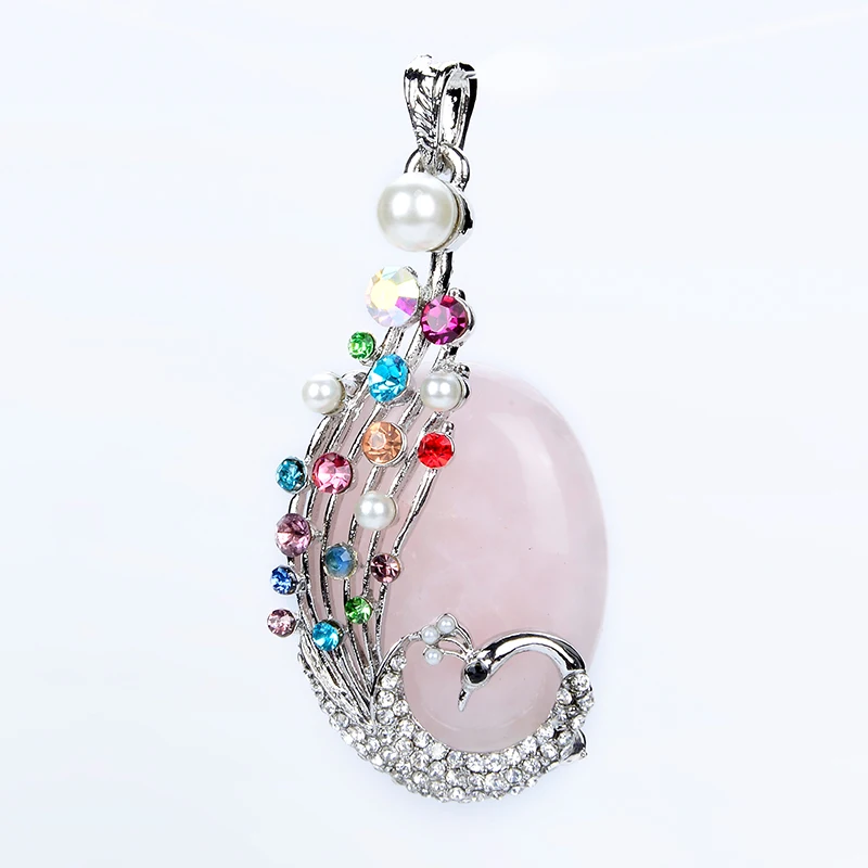 

Fashion Rose Pink Quartz Onyx Lapis Tiger Eye Oval Shaped Bead Inlaid Diamante Pearl Peacock Pendant for Women Necklaces Jewelry