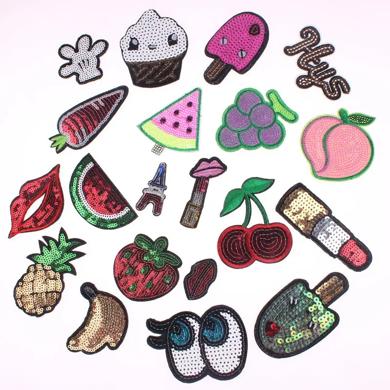 Parches de lentejuelas para ropa de niños, parches bordados dibujos animados para planchar/coser, bonitos, para ropa, 20 piezas|fruit iron|sequin patchespatches food -