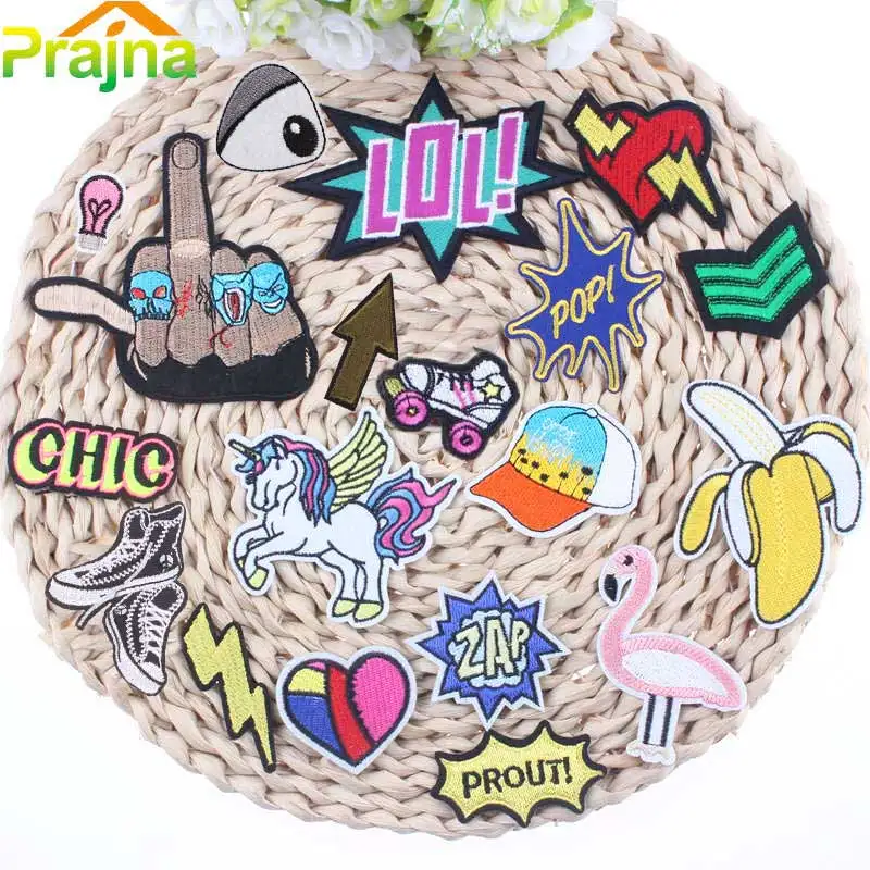 

Flamingo Hat Unicorn Skull Hand Embroidered Iron On Patches For Clothes Emoji Anime Military Logo Appliques Badges Stickers