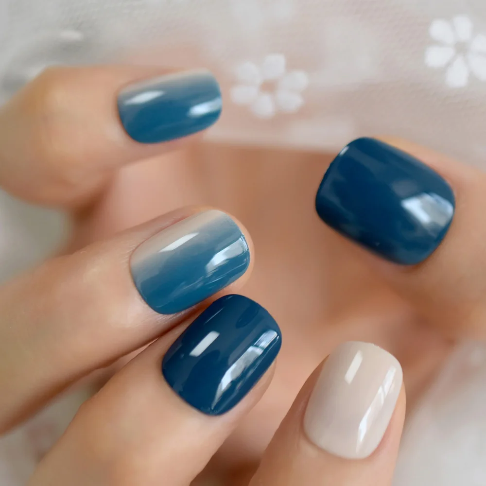 Короткие синие градиентные накладные ногти Squoval УФ-гель естественные Ложные Пресс для ногтей, для нанесения с помощью клея для девочек Полное покрытие летняя одежда палец для Неил арта украшения для кончиков ногтей