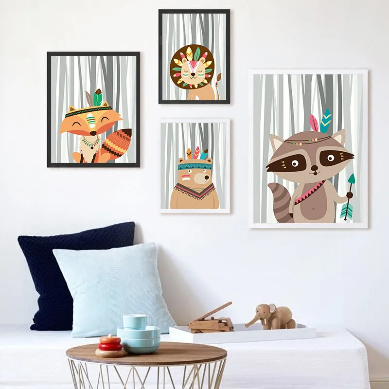 

Nordic Cartoon Forest Animals Art Canvas Painting Poster Bear Lion Print Wall Pictures for Baby Room Nursery Home Decor LB185