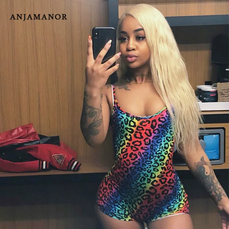 

ANJAMANOR Rainbow Leopard Sexy Playsuit Rompers Womens Jumpsuit Summer Clothes for Women Tracksuit Overalls Shorts D74-I44