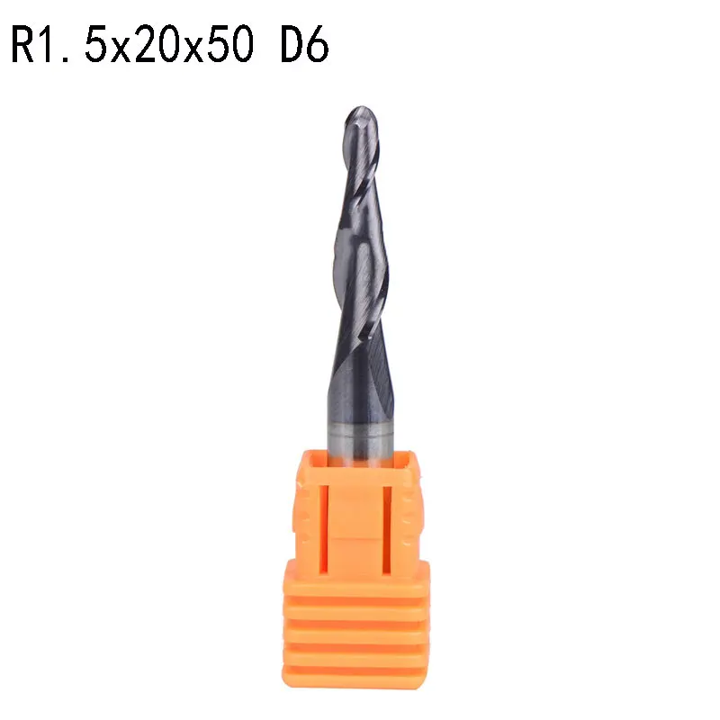 2pcs/lot R1.5*D6*20*50L*2F solid carbide 6mm Ball Nose Tapered End