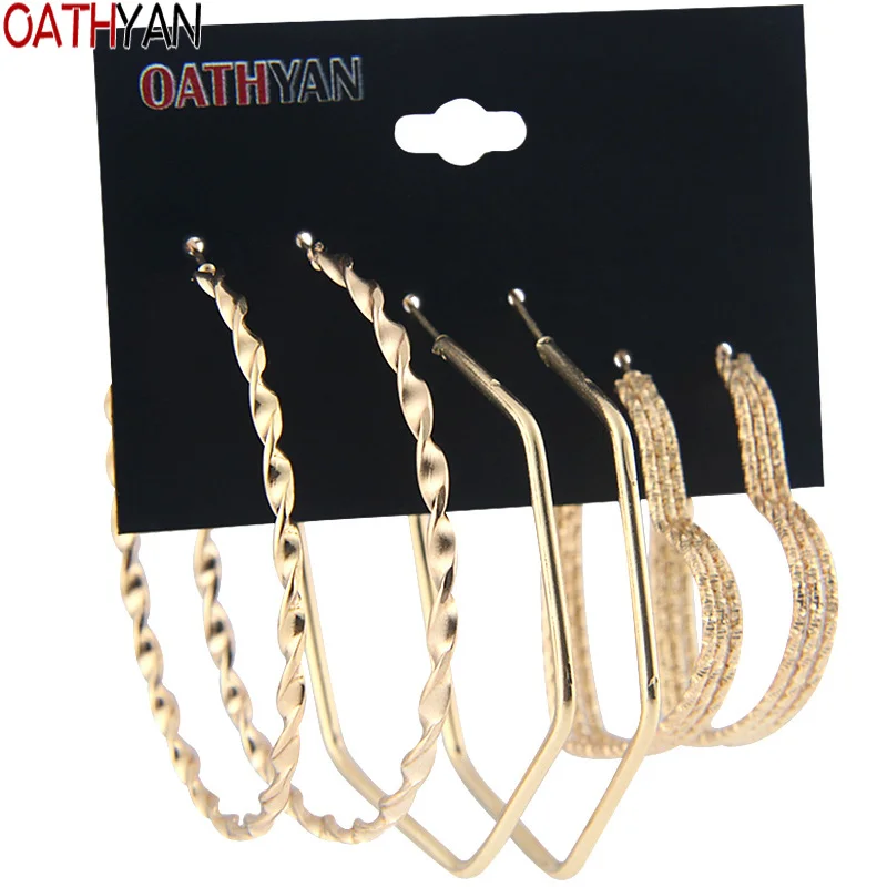 

OATHYAN 3 Pairs/Set Personalized Oversize Geometric Hoop Earrings Set For Women Heart Multilayer Gold Color Metal Circle Earring