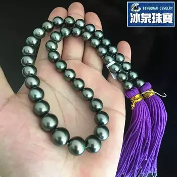

stunning 12-13mm tahitian black green pearl necklace 18inch 925s