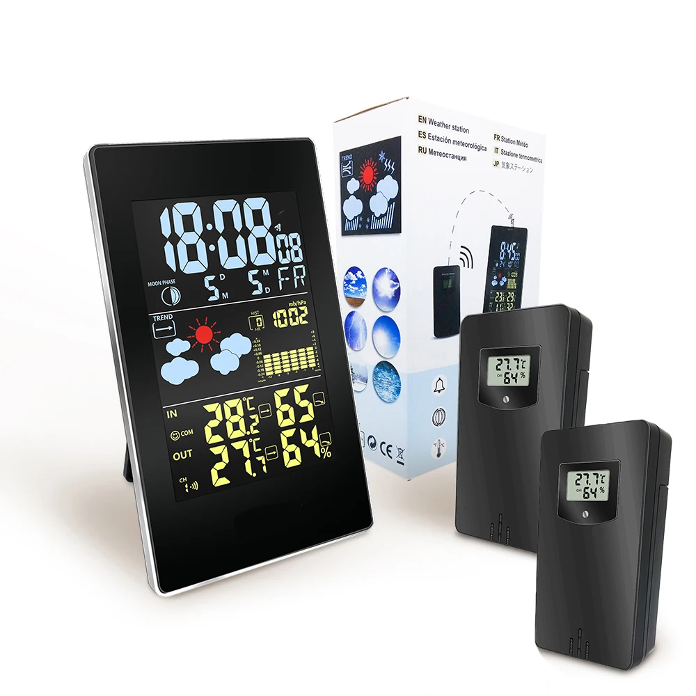 

Wireless Weather Station Forecast Clock Indoor Outdoor Temperature Humidity Sensor Colorful LCD Weather Snooze Clock Hygrometer