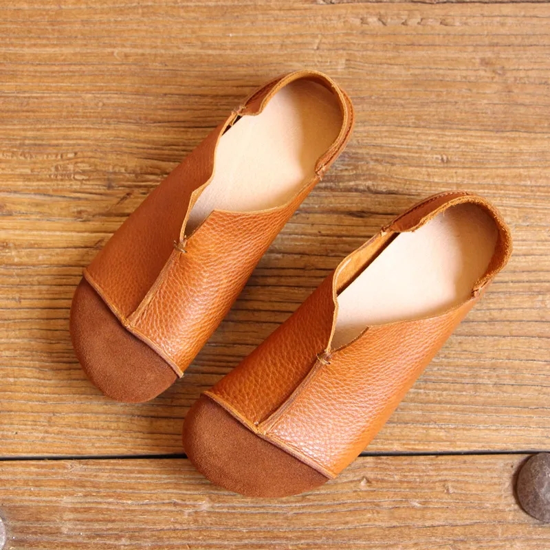 Bout Mocassins on Cuir 2019 Véritable En coffee brown Artisanales Rond Automne Gktinoo Slip Semelle Noir Chaussures Solide Femme Doux De Femelle srQCBthdx