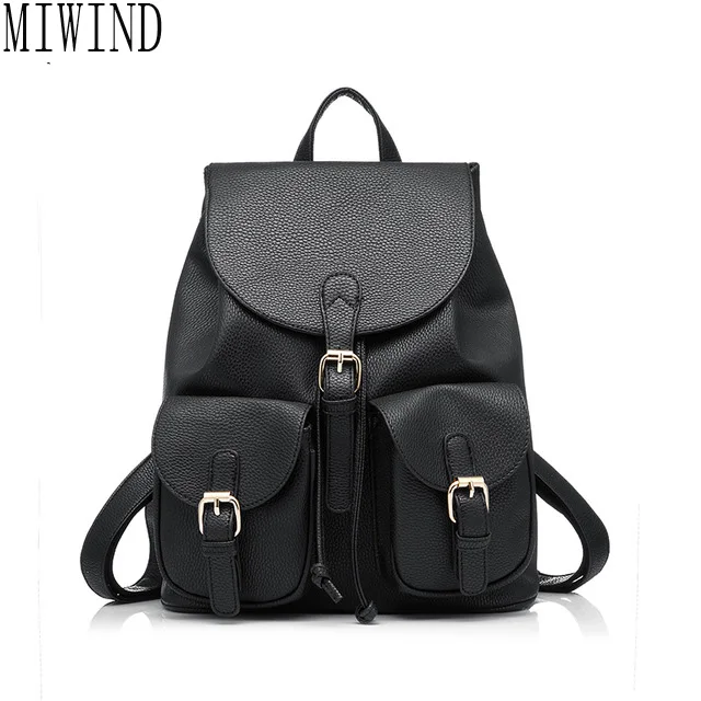 ##BUY MIWIND Women PU Leather Preppy Style School Backpack Artificial Leather Two Solid Pocket For Teens Women Shoulder Bag TJY887