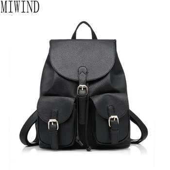 

MIWIND Women PU Leather Preppy Style School Backpack Artificial Leather Two Solid Pocket For Teens Women Shoulder Bag TJY887
