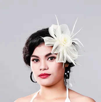

Free shipping Women Fancy Feather Fascinator Hat beige Wedding Hats and Fascinators White Net Hair Accessories for Bridal Woman