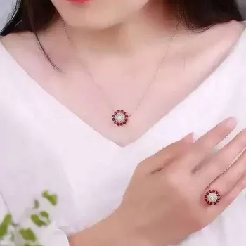 

Fidelity Natural garnet s925 sterling silver ring/necklace flowers jewelry sets natural red gemstone fine jewelry women party