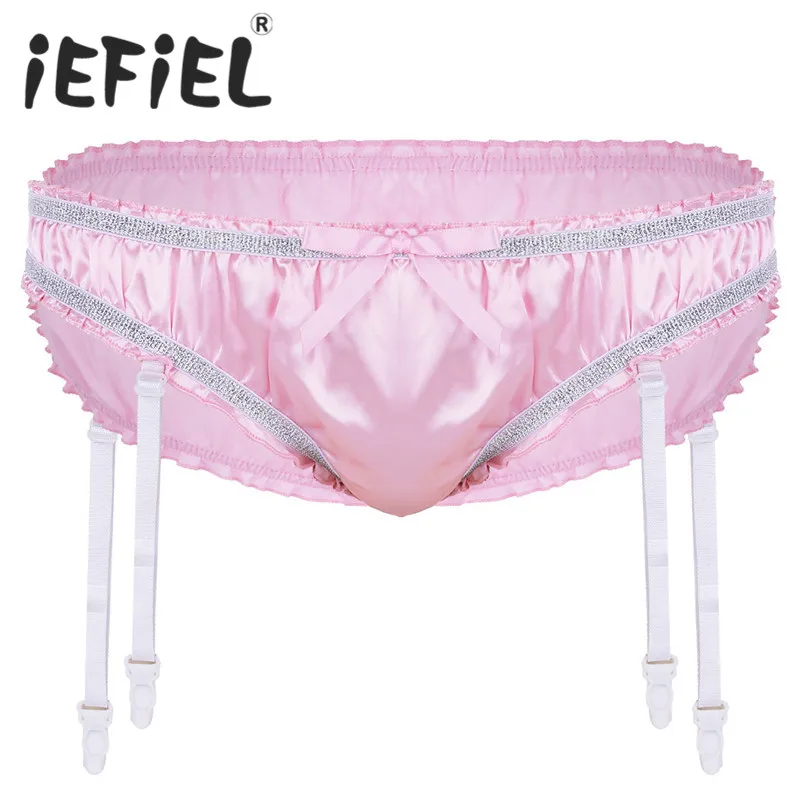 

iEFiEL Men Lingerie Shiny Stretchy Satin Ruffled Lined Sissy Triangle Briefs Underwear Panties with Plastic Garters Underpants