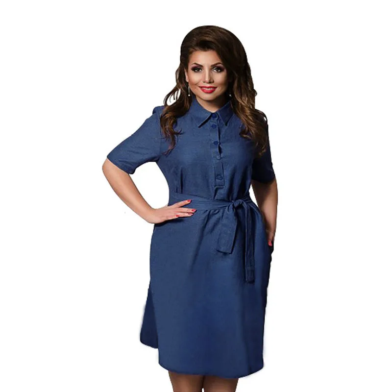 

PANJOINER Plus Size 4XL 5XL 6XL Denim Dress Summer Women Dress Sashes Turn-down Collar Vestidos Evening Party Dress D847