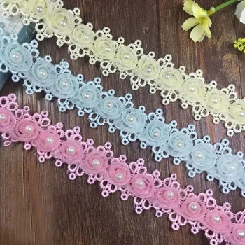 

3D Flower Chiffon Lace Fabric trim with Pearl rhinestone beads for Wedding clothes Fringe Lace Trim DIY Craft