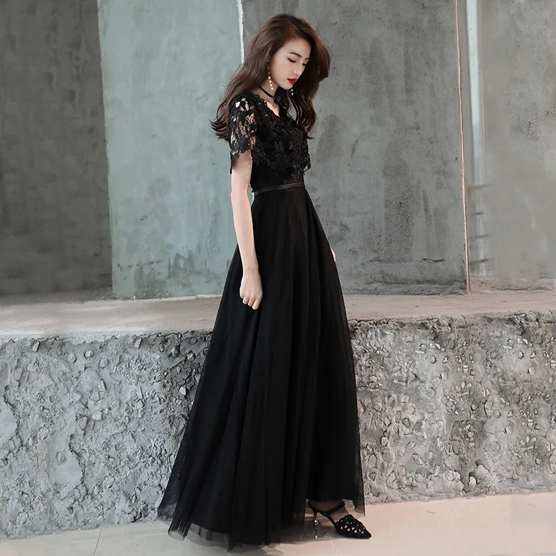 Вечернее платье трапециевидной формы черного цвета с v-образным вырезом, вышивкой, кружевом, формальное платье для выпускного вечера, с молнией сзади, с коротким рукавом, Длинные вечерние платья в пол, E334 - Цвет: long