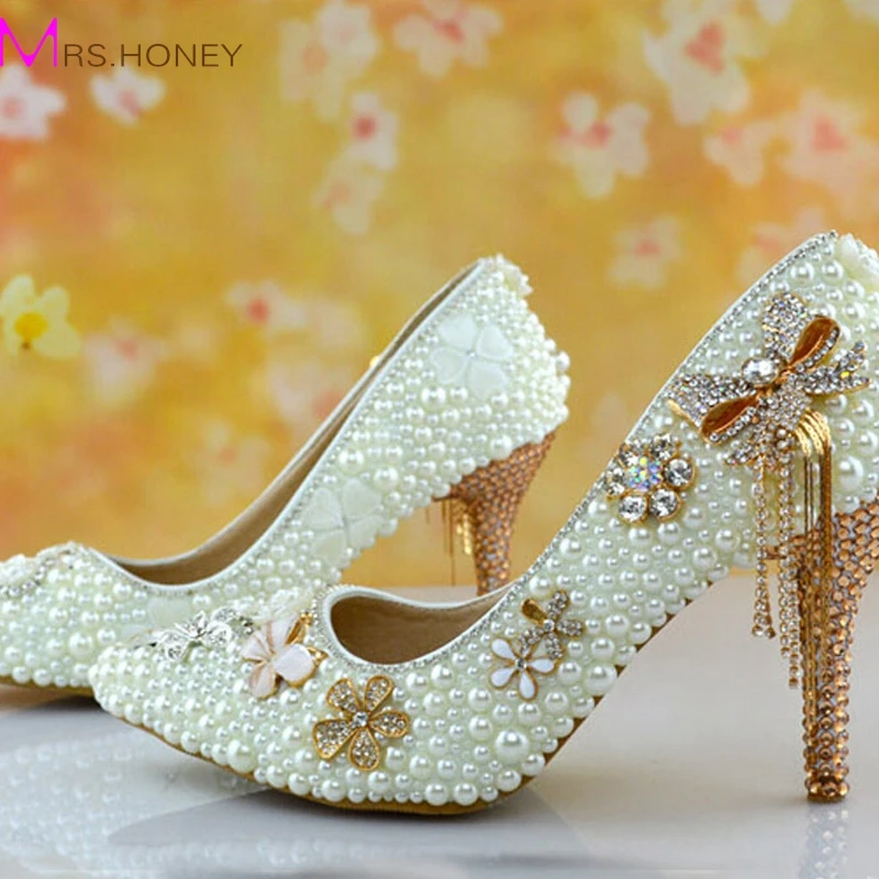Beautiful Ivory Pearl Wedding Shoes High Heel Bridal Shoes Pointed Toe font b Bridesmaid b font
