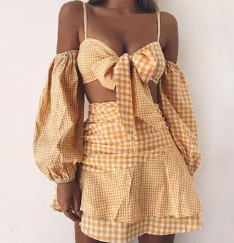 

Sexy Plaid Long sleeve Off the shouder Summer Two pieces set Dress Ruffles Tie up Holiday vestido conjunto feminino JH-2