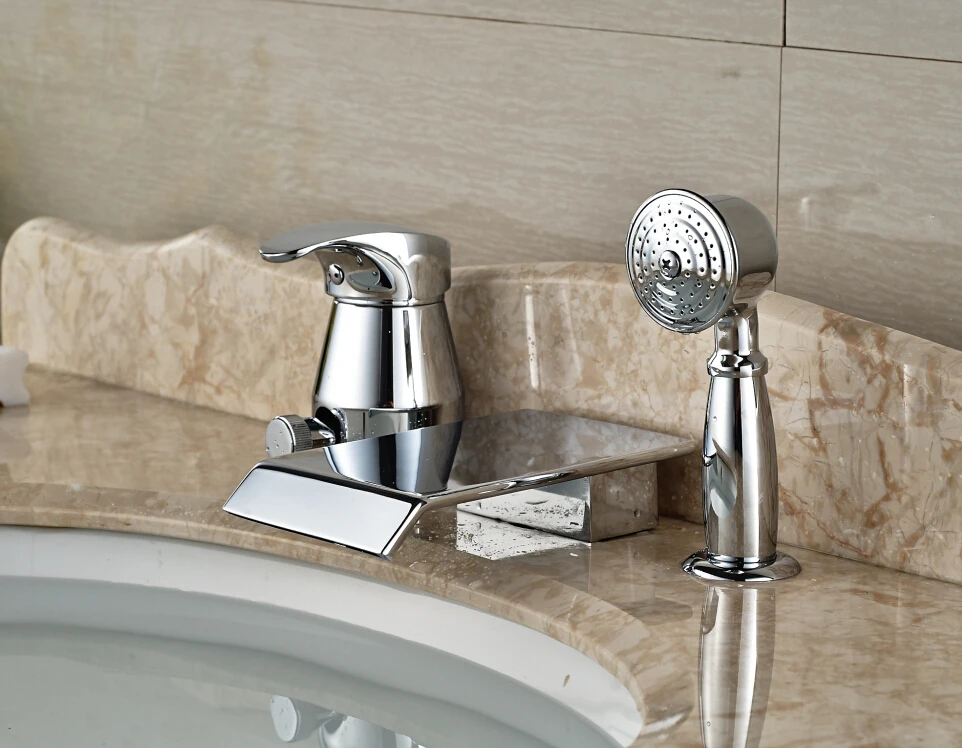 

Modern 3PCS Bathroom Basin Deck Mounted Sink Faucet Waterfall Mixer tap With Hand Shower Chrome Finished