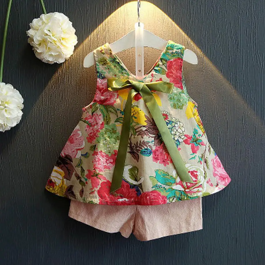 

Toddler girl clothes 2-piece set 2019 new brand flower printed ribbon sleeveless sweatshirt bow pants baby clothes for a girl