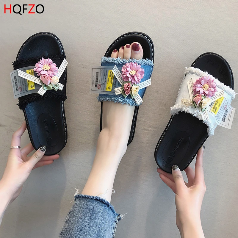

HQFZO Denim Slippers Flower Flat Platform Slides Shales For Women Beach Flip Flops Slap Mujer