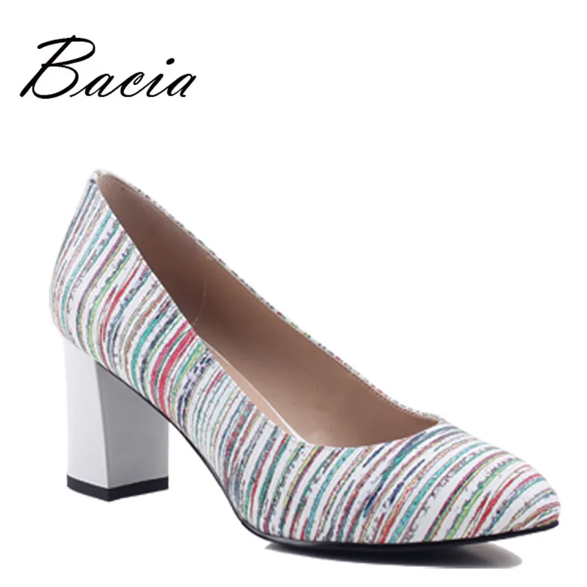 

Bacia New Thick Heel Shoes Pumps Genuine Leather Women's 4 Seasons High Heels Colorful Stripes Pumps 33-40 Russian Size SA001