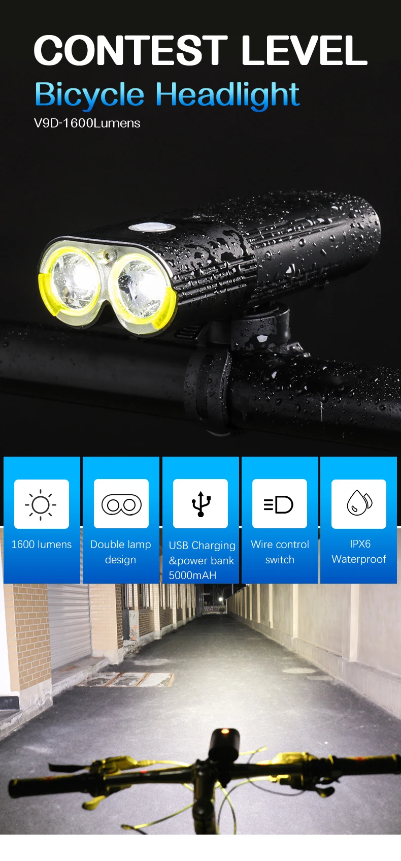 Cheap Bike Professional IPX6 Waterproof 1600 Lumens Light Cycling  Power Bank Bicycle Accessories USB Rechargeable Flashlight Lamp 2