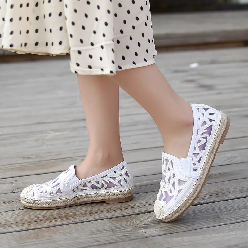 

2019 spring new fashion simple solid color twine weave fisherman shoes female comfortable hollow casual flat shoes