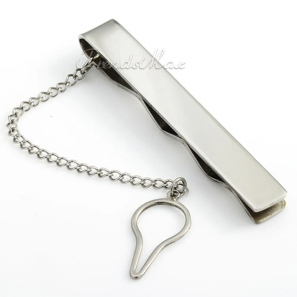 

7mm Wide Smooth Silver Tone Stainless Steel Slide Tie Clasp Clip Bar Pin w Chain