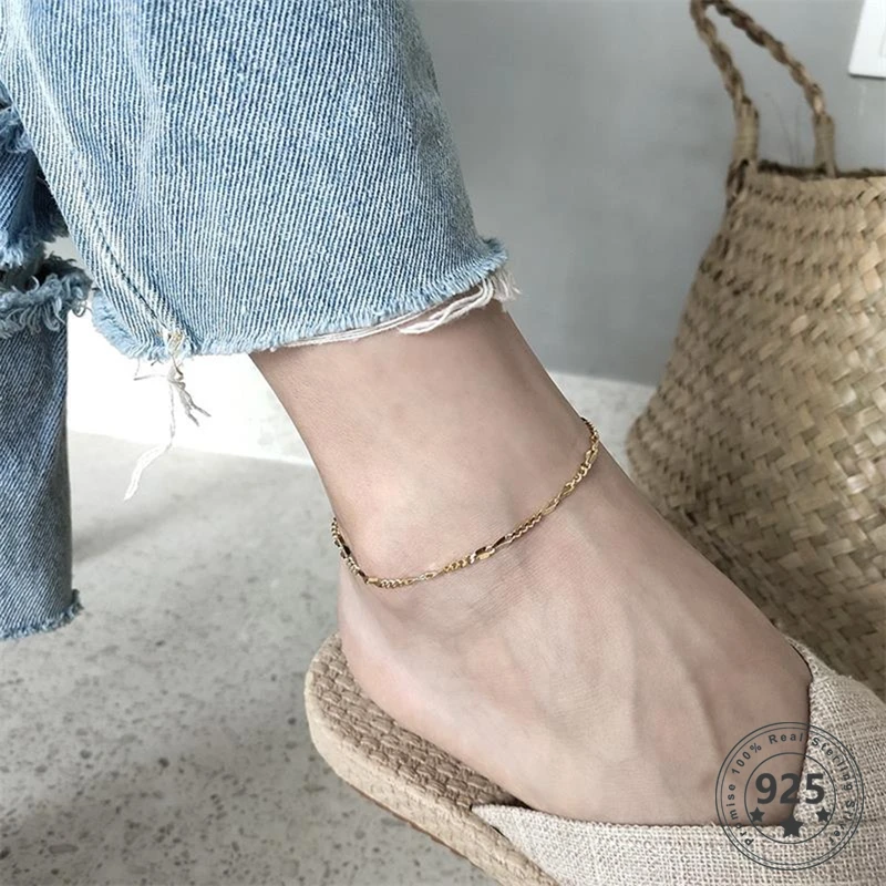 

LouLeur 925 Sterling Silver Chain Anklets Elegant Fashion Adjustable Gold color Anklet for Women Summer Trendy Leg Foot Jewelry
