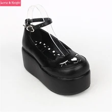 Japanese Harajuku Smilling Kitty Thick Platform Black Leather Wedge Lolita Cosplay Shoes