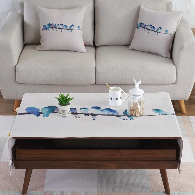  Proud Rose Linen Table Cloth Cartoon Birds Thicken Tea Cloth with Storage Bag Rectangular Cloth Cov