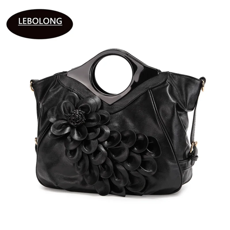 Lebolong Fashion Women 3D Red Flower Bags High Quality PU Leather Ladies Tote Bag Female Handbag