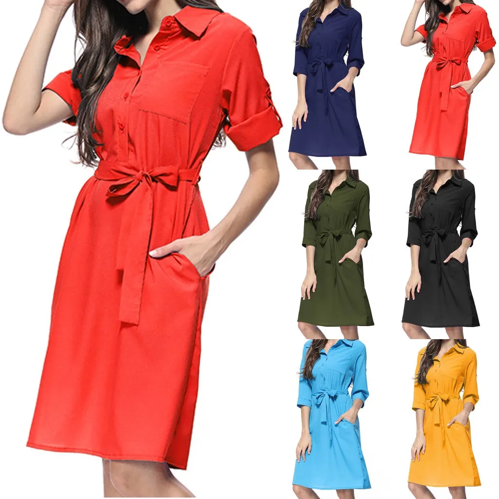 Summer Dress Women Fashion Casual Solid Color Pockets Button Turn-down Collar Three Quarter Sleeve Knee Length Vestidos OY41