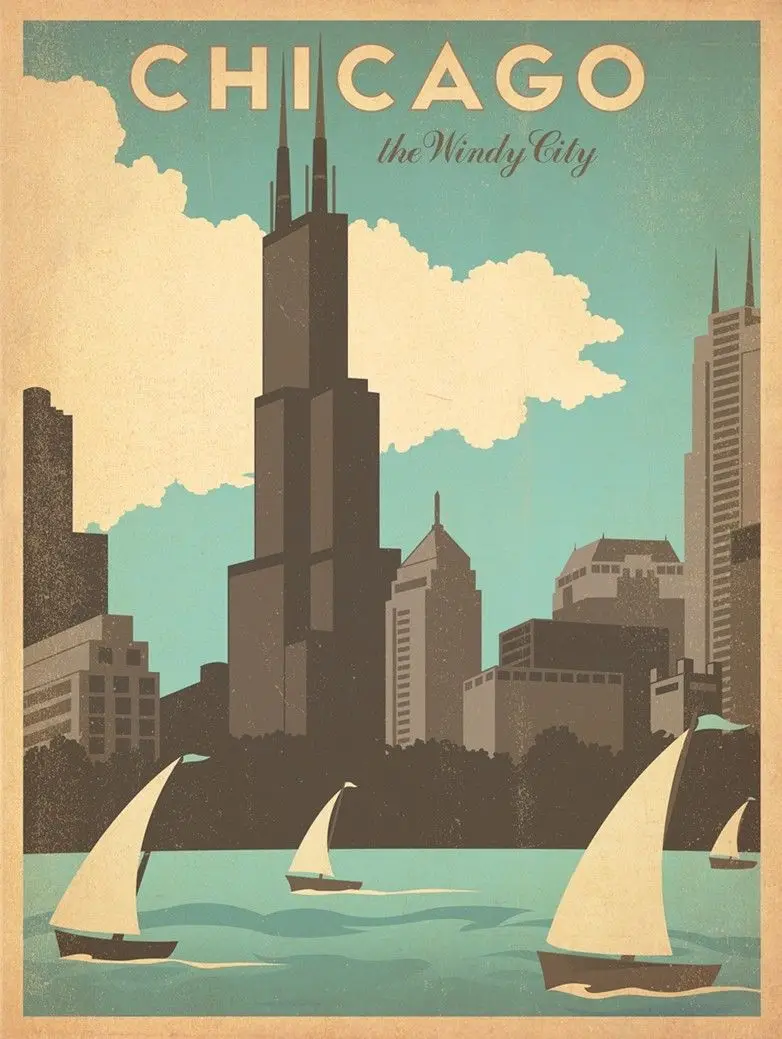 Home Decor Vintage travel Chicago Deco Silk Art Poster Wall Sticker