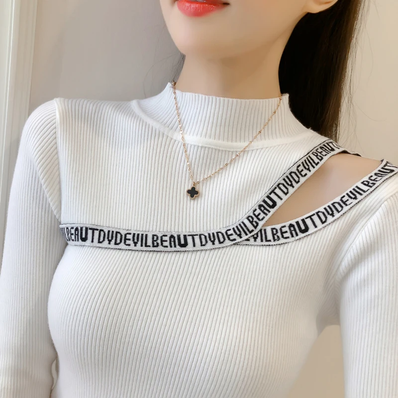 Turtleneck Sweater Elasticity Sexy Off Shoulder Korean Winter Woman Sweater Letter Embroidery Pullover Women Slim Sweaters 