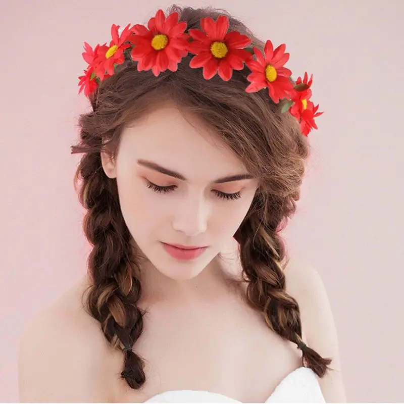 

Adult Kids Boho Artificial Daisy Beach Holiday Headband Romantic Candy Color Realistic Sunflower Bridal Garland Crown Hairband