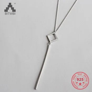 

100% S925 Sterling Silver Jewelry Square Strip Long Chain Pendants&Necklaces