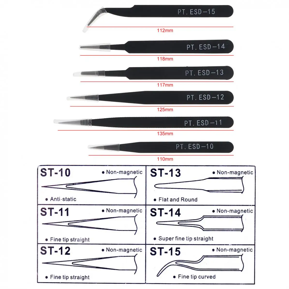 6pcs/lot Stainless Steel Tweezers 1.0MM Anti-static Fix Repair Tool Kit for Electronics,Jewelry and Other Fine Crafts