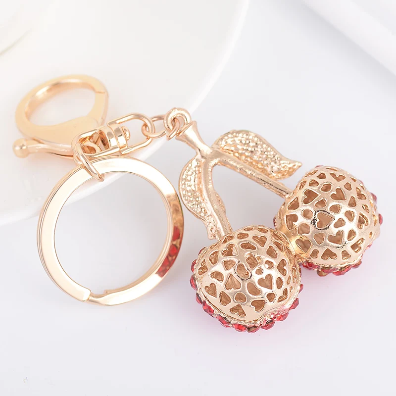 EASYA 2018 nuevo de cristal brillante cereza llavero clave titular rojo rosa frutas baratija Llaveros clave cadena mujeres bolsa de accesorios