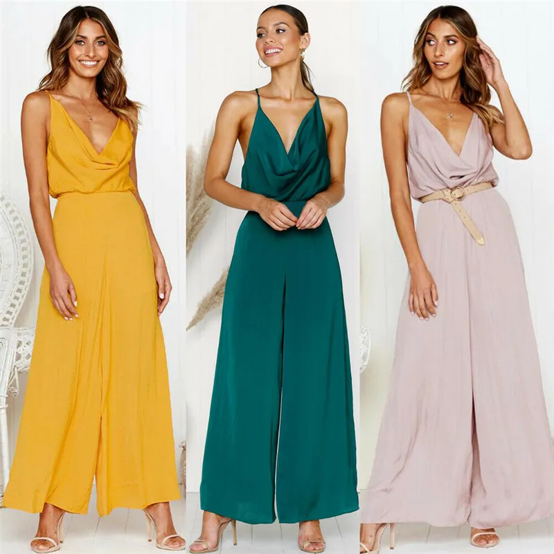 

High Street Women Chiffon Jumpsuits Fashion Loose Wide Leg Long Pants Lady Rompers Sleeveless Sling Deep V-Neck Women Jumpsuits
