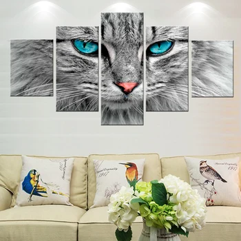 

5 pcs Black White Animal Blue Eye Cat Canvas Print Painting wall art picture for bedroom living room cuadros decorative picture