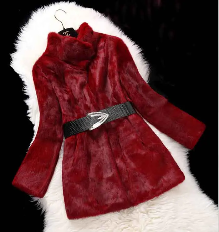 Настоящий Полный Пелт кроличий мех длинное пальто Женская Ручная работа кролик мех пальто женское модное пальто KFP706 - Цвет: Burgandy