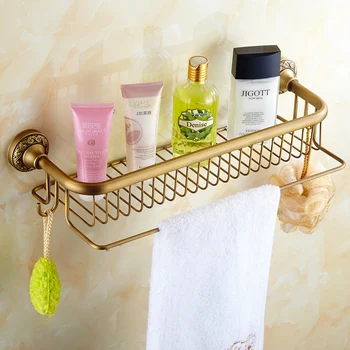 

Antique Brushed Bathroom Shelf European Solid Brass Multifunction Cosmetic Towel Bar With Hooks Bathroom Accessories