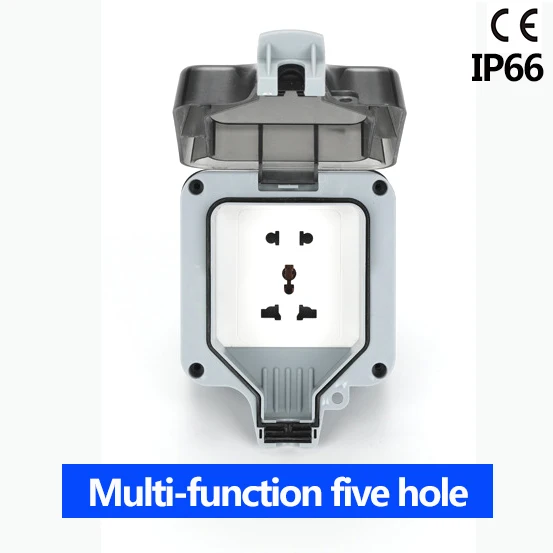 

IP66 waterproof socket Multi-function five hole weatherproof Outdoor Wall Power Socket 16A Standard Electrical Outlet Grounded