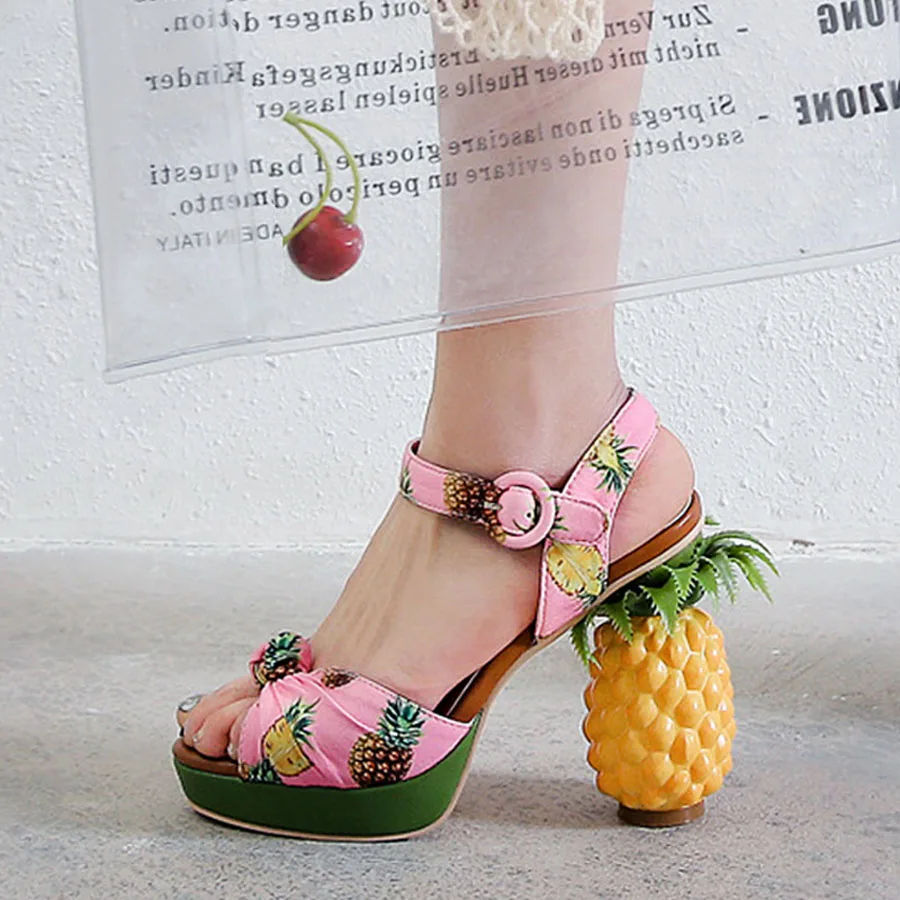 Prova Perfetto розовый принт сандалии на платформе для женщин Ананас не сужающийся книзу массивный высокий каблук Летняя обувь ремешок на щиколотке chaussure необычный стиль каблуки