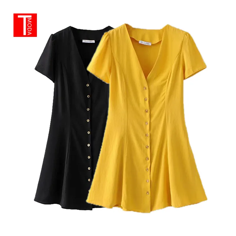 

2019 Spring Women Solid V Neck Mini Dress Short Sleeve A Line Buttons Female Yellow Black Casual Cute Chic Dresses Vestidos