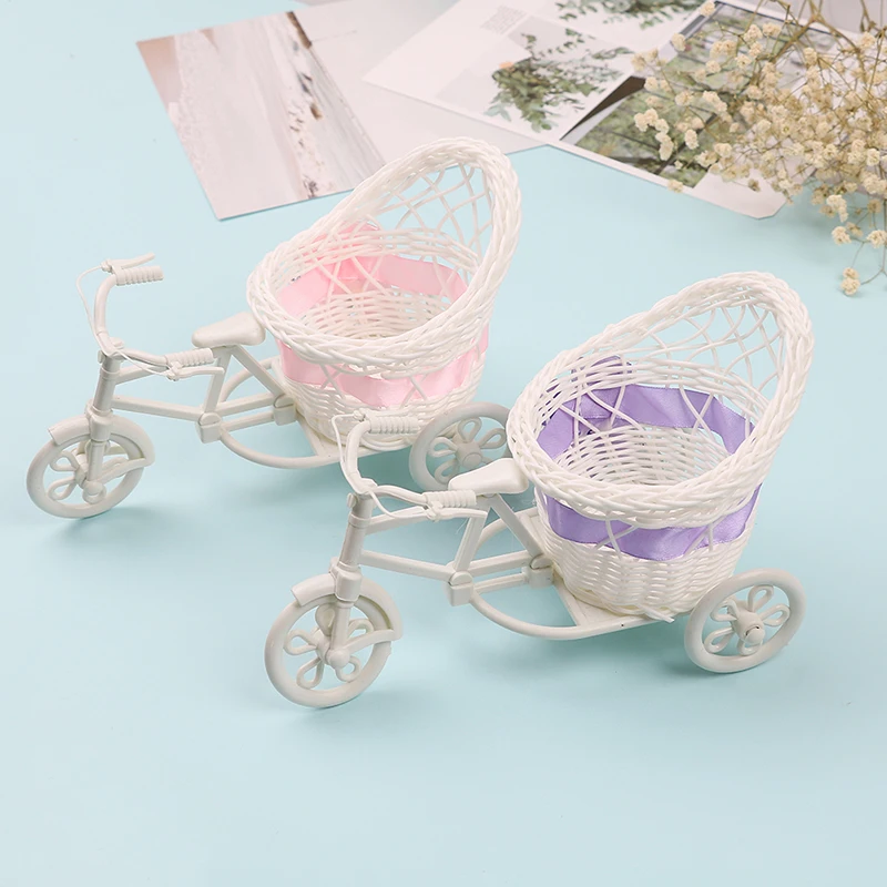 Tricycle Bike Design Flower BowKnot Rattan Tricycle Bike Bask Storage