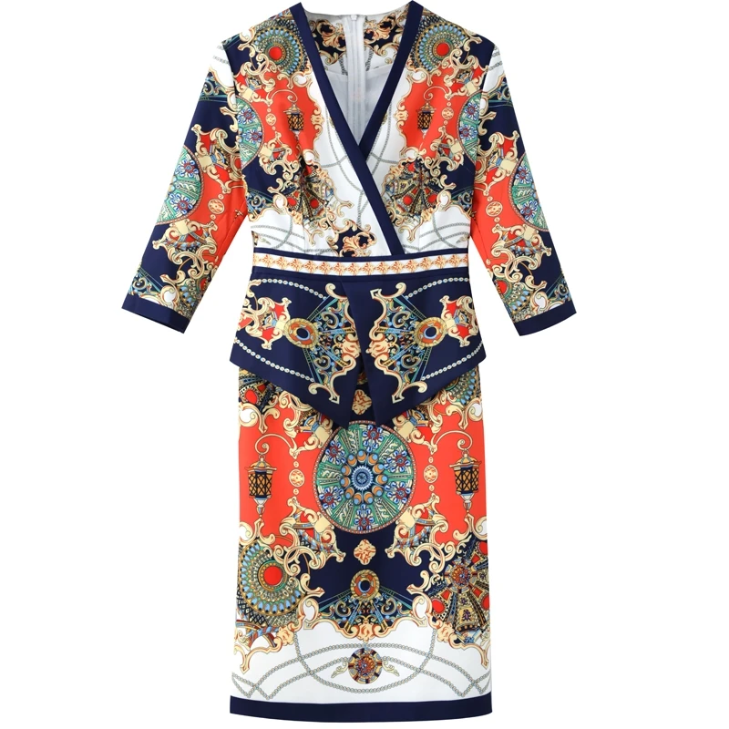 

2019 Spring Summer Vintage Court Style Exotic Retro Totem Print Fake 2 Pcs Straight V-Neck Wrist Empire Noble Women's Dress S-XL